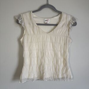 Y2K White Ruched Top Flutter Sleeve Womens Medium Studio Y Fairycore Boho Whimsy